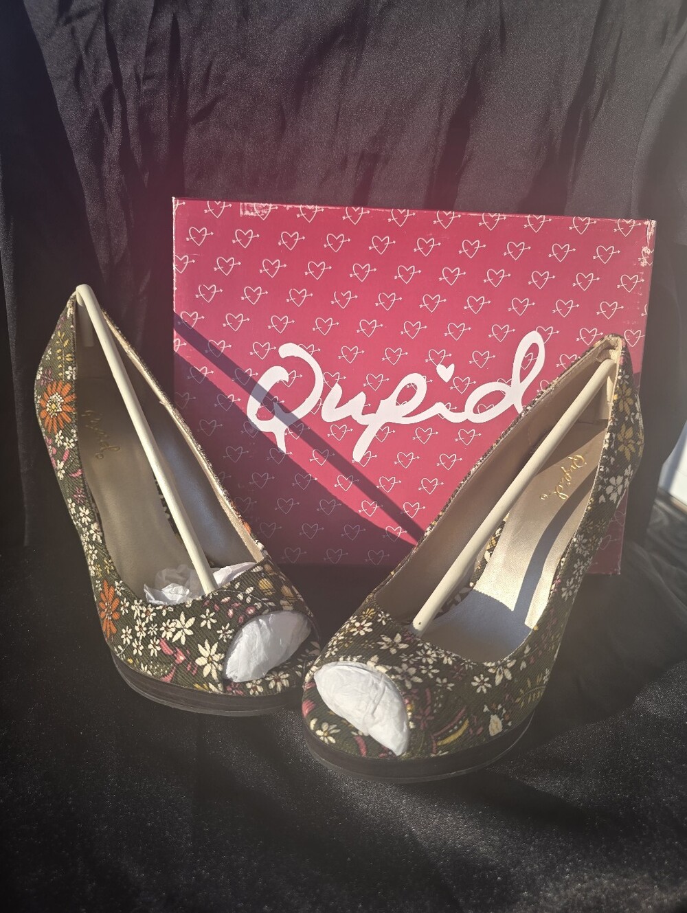 Qupid Olive Green Floral Peep-Toe Wedges